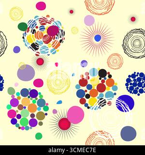 Ein farbenfrohes Muster aus Kreisen und Sternen auf gelbem Hintergrund. Die Kreise haben unterschiedliche Größen und Farben, und die Sterne sind überall verstreut Stock Vektor