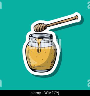 Ein Glas Honig mit einem Holzlöffel darauf. Der Honig ist goldfarben und zähflüssig, vor einem hellen türkisfarbenen Hintergrund. Stock Vektor