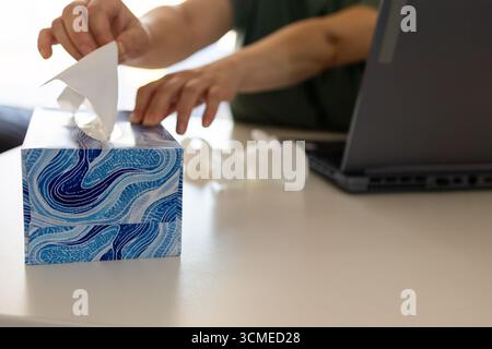 Eine kranke Person sitzt an einem Schreibtisch vor einem Laptop. Sie ziehen ein Taschentuch aus einer Kiste mit Taschentüchern und wischen sich wahrscheinlich ihre laufende Nase ab, während sie von zu Hause aus arbeiten. Stockfoto