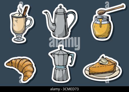 Eine Sammlung von Speisen und Getränken, darunter eine Tasse Kaffee, eine silberne Teekanne, ein Glas Honig, ein Croissant, eine Mokakanne und eine Scheibe Käsekuchen Stock Vektor