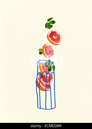 Farbenfrohe Collage. Grapefruitscheiben mit Minze in blauem Umrissglas auf beigefarbenem Hintergrund für das Verpackungsdesign von Zitrussaft Stockfoto