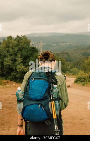 Rückansicht einer Wanderer auf einer unbefestigten Straße inmitten von Bäumen im Wald im Mount Kenya National Park in Kenia Stockfoto