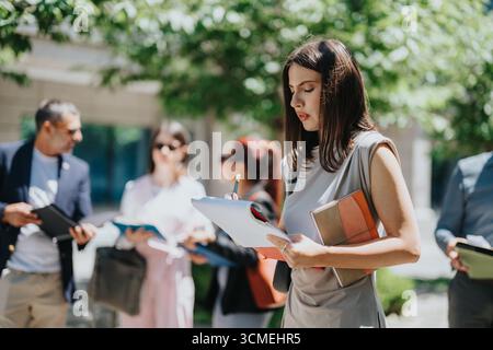An einem sonnigen Tag arbeiten Profis im Freien an geschäftlichen Aufgaben zusammen Stockfoto
