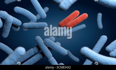 Bakterien. Bakterium. Blaue und rote Farbe. 3D-Abbildung. Stockfoto