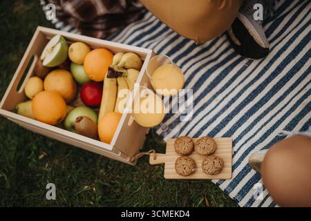 Obst, Saft und Kekse für ein Picknick auf einer gemusterten Decke Stockfoto