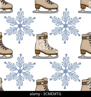 Nahtloses Vektormuster mit beigefarbenen Schlittschuhen und stilisierten blauen Schneeflocken auf weißem Hintergrund, perfekt für Wintermotive. Stock Vektor