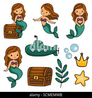 Bezaubernde Vektor-Illustration Set mit charmanten Meerjungfrauen mit blaugrünen Schwänzen, hölzernen Schatzkisten, einem U-Boot, Algen, Blasen, eine Krone und eine St Stock Vektor
