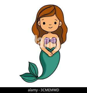 Entzückende Vektor-Illustration einer Cartoon-Meerjungfrau mit braunen Haaren und einem blaugrünen Schwanz, trägt einen lila Muschel-BH, perfekt für Kinderbücher, Greeti Stock Vektor