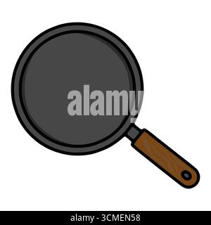 Eine Vektor-Illustration einer einfachen Pfanne im Cartoon-Stil mit einer dunkelgrauen Oberfläche und einem braunen Holzgriff, perfekt für kulinarische Designs. Stock Vektor