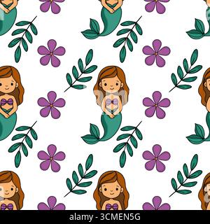 Bezauberndes nahtloses Vektor-Muster mit bezaubernden Meerjungfrauen mit blaugrünen Schwänzen, lila Blumen und grünen Blättern auf weißem Hintergrund, perfekt für Kinder Stock Vektor