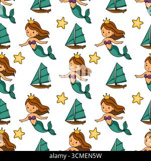 Nahtloses Vektormuster mit bezaubernden Meerjungfrauen mit goldenen Kronen, blaugrünen Schwänzen und Miniatur-Segelbooten auf weißem Hintergrund, was eine Laune schafft Stock Vektor