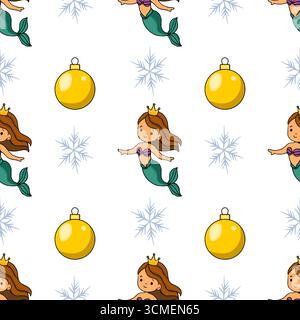 Nahtloses Vektormuster mit bezaubernden Meerjungfrauen, die Kronen, festliche goldene Kugeln und zarte Schneeflocken tragen, schaffen ein skurriles Winterwunder Stock Vektor