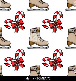 Nahtloses Vektormuster mit beigefarbenen Schlittschuhen und Bonbonbons mit roten Schleifen, ein bezauberndes festliches Design, das perfekt für Winterferien und Weihnachten ist Stock Vektor