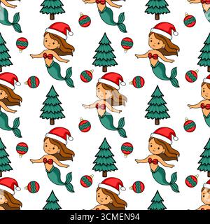 Nahtloses Vektormuster mit niedlichen Meerjungfrauen, die Weihnachtsmützen, Weihnachtsbäume und Ornamente tragen, schaffen eine festliche Unterwasser-Weihnachtsszene. Stock Vektor