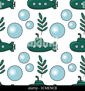 Nahtloses Vektormuster mit bezaubernden blauen U-Booten, zarten Blättern und verspielten Blasen, die eine skurrile Unterwasserszene schaffen, die perfekt für ch ist Stock Vektor