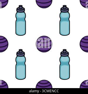 Nahtloses Vektormuster mit Wasserflaschen und violetten Fitnessbällen, ein verspieltes Design, ideal für Projekte im Fitnessstudio oder aktive Lifestyle-Kleie Stock Vektor