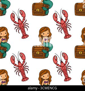Nahtloses Vektormuster mit niedlichen Cartoon-Meerjungfrauen, die auf Schatzkisten sitzen, begleitet von leuchtenden roten Hummer, die eine verspielte Unterwasserwelt schaffen Stock Vektor