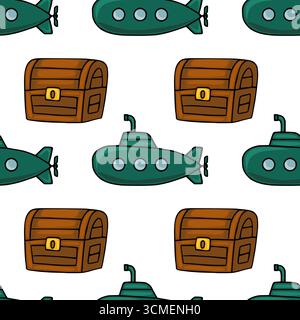 Nahtloses Vektormuster mit bezaubernden Comic-U-Booten und hölzernen Schatzkisten, perfekt für Kinderprojekte oder nautische Designs. Stock Vektor