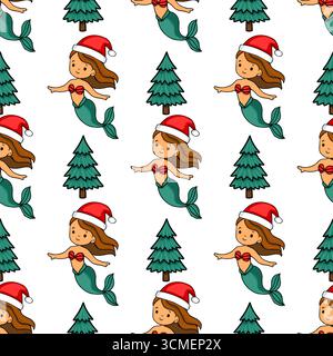 Nahtloses Vektormuster mit bezaubernden Meerjungfrauen in Weihnachtsmützen und festlichen Weihnachtsbäumen, die ein skurriles und fröhliches Weihnachtsdesign schaffen. Stock Vektor