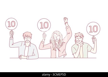 Arbeiten als Jury des Wettbewerbs Konzept. Gruppe von jungen lächelnden Menschen sitzen und zeigen Schilder mit zehn Punkten bewertet Begrüßung Teilnehmer Vektor-Illustration Stock Vektor