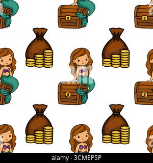 Nahtloses Vektormuster mit niedlichen Meerjungfrauen, die auf Schatzkisten sitzen, begleitet von Säcken mit Goldmünzen, kreieren einen bezaubernden Unterwasserfan Stock Vektor