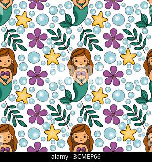 Nahtloses Vektormuster mit niedlichen Cartoon-Meerjungfrauen, Seesternen, Blumen und Blasen auf weißem Hintergrund, ideal für Kindertextilien, Geschenkpapier oder Stock Vektor