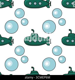 Nahtloses Vektormuster mit blaugrünen U-Booten und hellblauen Blasen auf weißem Hintergrund für eine verspielte Unterwasserszene, ideal für Kinder Stock Vektor