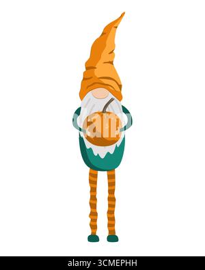 Niedlicher Herbstzwerg mit einem orangefarbenen Kürbis. Lustige bärtige Elfe hält eine Kürbis, saisonale Ernte. Magischer Charakter der skandinavischen Folklore. Cartoon Fall Stock Vektor