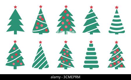 Weihnachtsbaumsymbol. Satz grüner weihnachtsbaumsymbole auf weißem Hintergrund. Vektorabbildung. Feiertagsymbole Stock Vektor