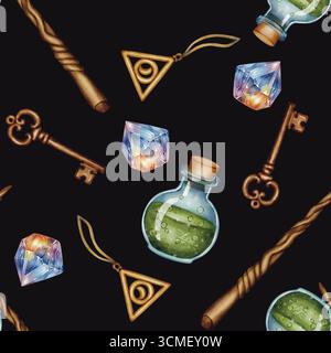 Nahtloses Muster mit Zaubertrank, Zauberstab, Kristall, Schlüssel und Symbol, Aquarellillustration auf dunklem Hintergrund, ideal für Buchdesign, Fantasy-Dekor, S. Stockfoto