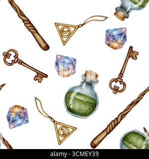 Nahtloses Muster mit Zaubertrank, Zauberstab, Kristall, Schlüssel und Symbol, Aquarellillustration auf weißem Hintergrund, ideal für Buchdesign, Fantasy-Dekor, Stockfoto