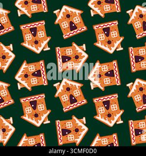 Weihnachten Lebkuchen Kekse Haus nahtlose Muster im Cartoon Stil. Dekor aus Textil, Geschenkpapier für Weihnachtsfeiertage. Stock Vektor