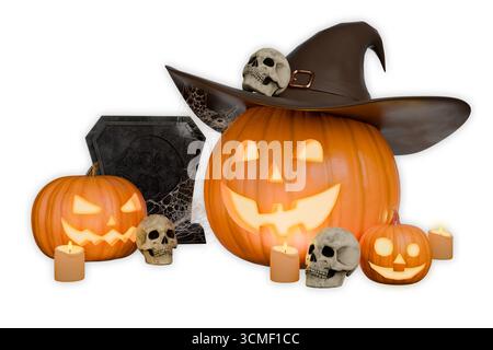 Halloween Kürbisse mit Hexenhut und Schädel Stockfoto