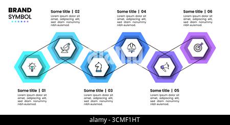 Infografik-Vorlage mit Symbolen und 6 Optionen oder Schritten. Verbundene Sechsecke. Kann für Workflow-Layout, Diagramm, Banner und Webdesign verwendet werden. Vektorillust Stock Vektor