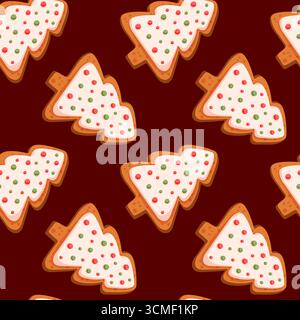 Weihnachtskuchenbaum nahtloses Muster im Cartoon-Stil. Frohe Weihnachten Hintergrund für Druck, Karte, Stoff. Stock Vektor