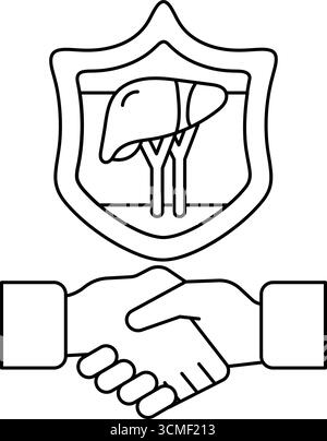 Eine schwarz-weiße Zeichnung von zwei Händen, die Hände schütteln, mit einem Schild dahinter. Auf dem Schild ist eine Leber drauf Stock Vektor