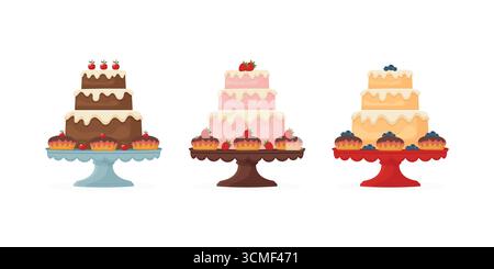 Kuchen-Set mit Cupcakes Vektor-Illustration. Stock Vektor