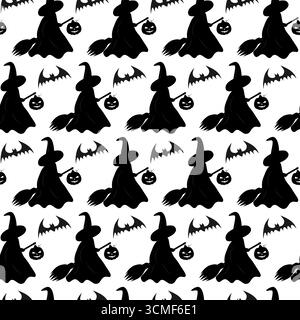 Silhouetten Hexe in Mantel und Hut mit Besen Jack Laterne und Fledermaus nahtlosem Muster Halloween Fond. Isolierte Vektor-Illustration Halloween verwandter Inhalt Gruß Thematische Karten Hintergrund Faltblatt Post Stock Vektor