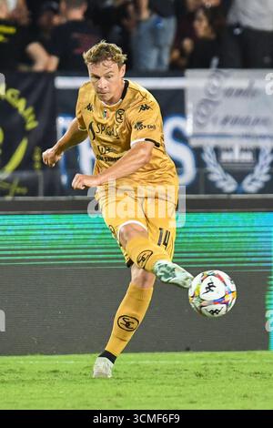 Empoli, Italien. September 2025. Szymon Zurkowski (Spezia) während des Spiels Empoli FC gegen Spezia Calcio, italienischer Fußball Serie B in Empoli, Italien, 14. September 2025 Credit: Independent Photo Agency/Alamy Live News Stockfoto