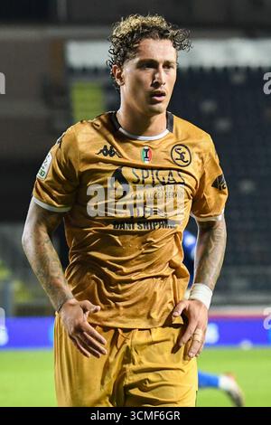 Empoli, Italien. September 2025. Salvatore Esposito (Spezia) während des Spiels Empoli FC gegen Spezia Calcio, italienischer Fußball Serie B in Empoli, Italien, 14. September 2025 Credit: Independent Photo Agency/Alamy Live News Stockfoto