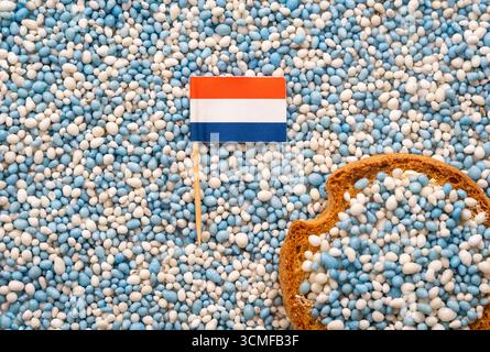 Beschuit traf auf Muisjes und niederländische Flagge, traditionelle niederländische Leckereien, die zur Feier der Geburt eines kleinen Jungen gegessen wurden Stockfoto