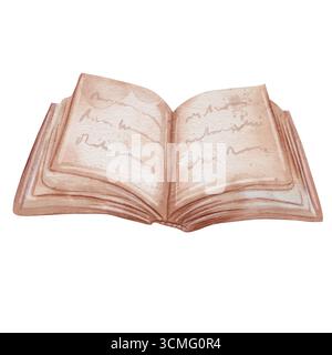 Öffnen Sie das Buch mit Seiten, die Text enthalten. Aquarellillustration im Vintage-Stil. Lehrartikel oder ein antikes Buch mit Buchstaben und Rechtschreibungen. Bibliothek. Weißer Hintergrund, handgezeichnete Illustration Stockfoto