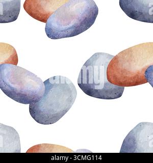 Nahtloses Muster von mehrfarbigen Steinen. Graue und orangene Ziegelsteine. Abstrakte, Aquarellillustration natürlicher Elemente, weißer Hintergrund Stockfoto