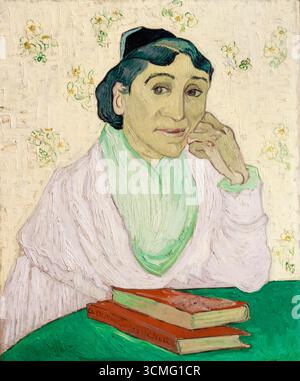 Vincent van Gogh, L'Arlésienne, Madame Ginoux vor einem cremefarbenen Hintergrund mit Blumen, Porträtgemälde in Öl auf Leinwand, 1890 Stockfoto