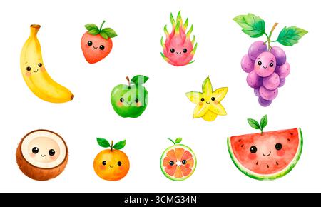 Aquarellfrucht Clipart Set – handgemalte tropische und sommerliche Frucht Illustrationen für Druck und Design Stockfoto