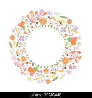 Blumenkranz, Clip-Art, isoliert auf weißem Hintergrund. Dekorativer botanischer handgezeichneter runder Rahmen, Illustration. Stock Vektor