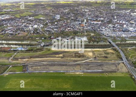 Luftansicht, Lippe Auenerfahrungsprojekt, Deichgebiet zwischen Stadtzentrum und Flugplatz, neuer Verlauf des Flutdeiches, Lippe und Datteln-Ha Stockfoto
