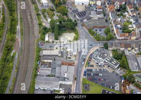 Luftaufnahme, Kreuzung Alleestraße und Oestingstraße, Autohaus 2000, Mitte, Hamm, Ruhrgebiet, Nordrhein-Westfalen, Deutschland, Bahngleise, rai Stockfoto