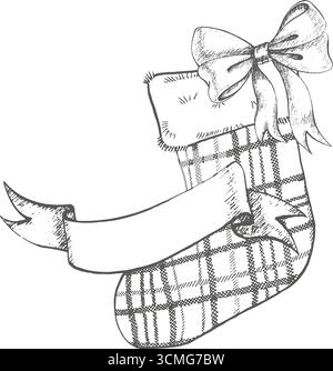 Weihnachtsstrumpf mit gebundener Schleife und Schleifenschablone für Text. Sockengeschenk. Handgezeichnete grafische Illustration für Neujahrsdekoration, Grußkarte Stock Vektor