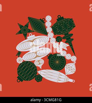 Weihnachtsbaumspielzeug in verschiedenen Formen und Formen im Vintage-Stil Zeichnung im grünen und weißen Thema auf rotem Hintergrund Stock Vektor
